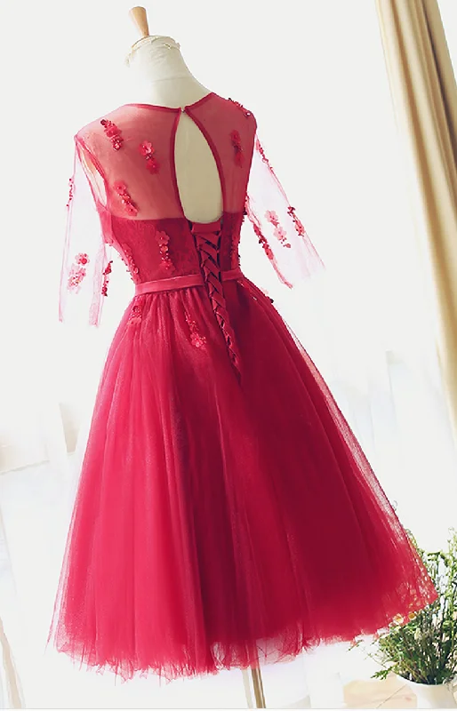 Red Lace Bridesmaid Dress Half Sleeves Lace Prom Dress Party Dress Tea length Sequined Elegant Party