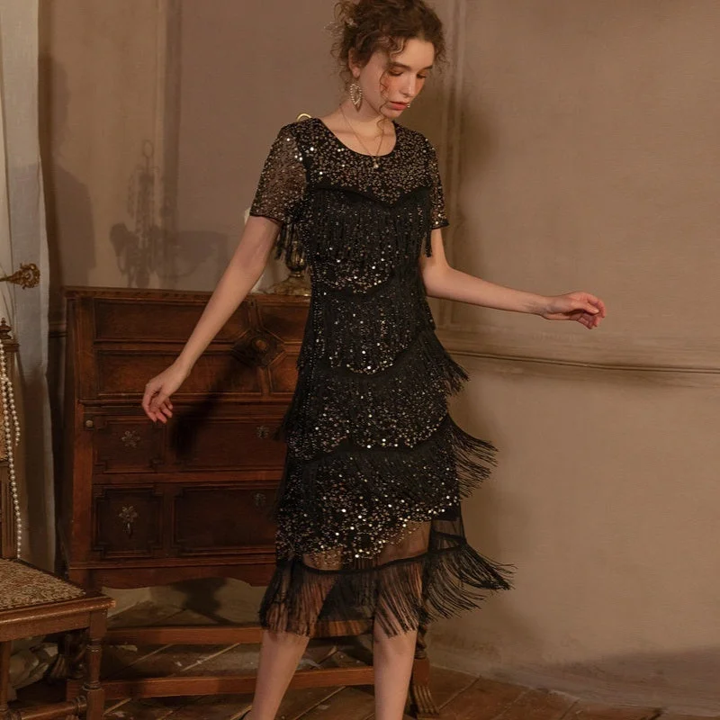 Dinner Party Gatsby Dress Sexy Nightclub Sequins Tassel Dancing Dress Tunics Denim casual