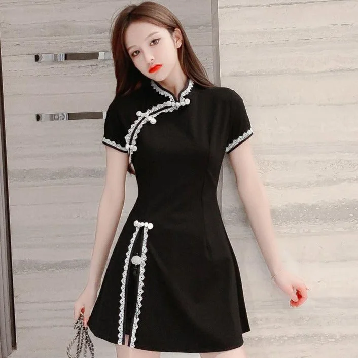 Lace Edge Plus Size Mini Modern Cheongsam Dress with Short Pants Comfy High-Waist Jeans Lace Edge Plus Size Mini Modern Cheongsam Dress with Short Pants Comfy High-Waist Jeans