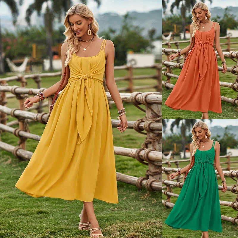 Solid Color Suspender Long Dress Spring And Summer Bow Waist Tie Design Dress Womens Clothing Casual Short Summer Solid Color Suspender Long Dress Spring And Summer Bow Waist Tie Design Dress Womens Clothing Casual Short Summer