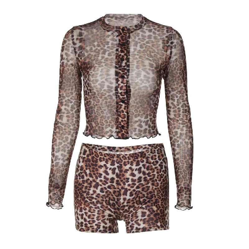 Long sleeve leopard print button pant set High-Waist Trousers