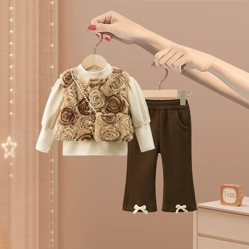 Girls' Thick Bottoming Top Vest Pants Three-piece Set Elegant Silk Pants