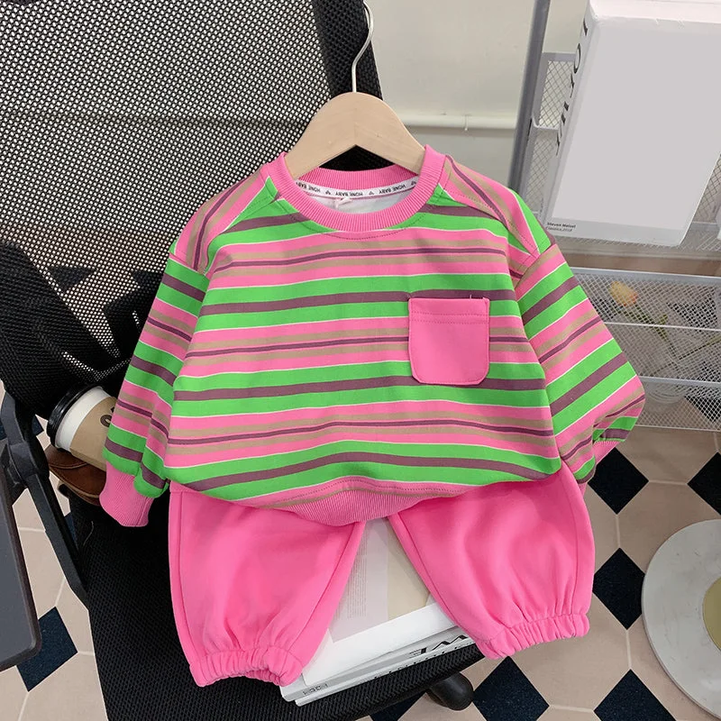 Cute Baby Girl's Two-piece Set of Contrasting Striped Straight Pants Trendy Printed Leggings