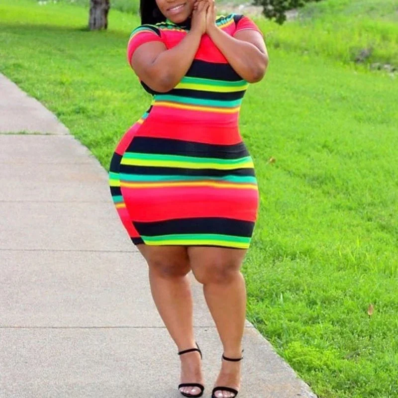 Striped Slim-fit Red Plus Size Fat Woman Dress Tunics Top rated