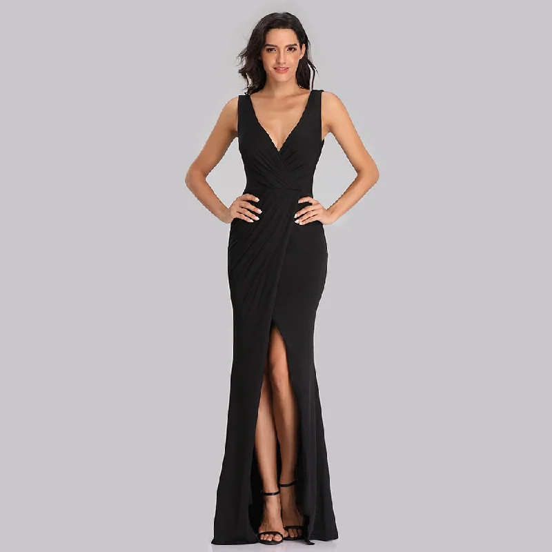 New Black Mermaid Evening Dress Gown Elegant Sexy V-neck Pleated Waist High Slit Taffta Banquet Dinner Prom Party Dress Vestidos Tunics Top Casual New Black Mermaid Evening Dress Gown Elegant Sexy V-neck Pleated Waist High Slit Taffta Banquet Dinner Prom Party Dress Vestidos Tunics Top Casual