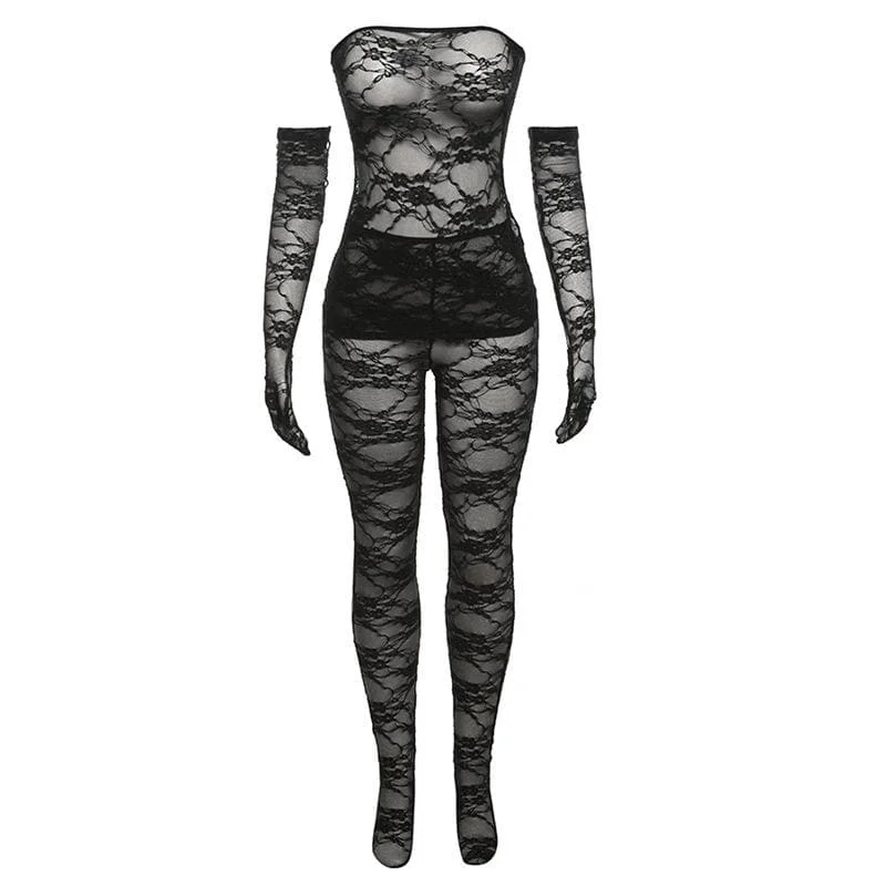Lace see through gloves solid backless tube pant set Slim-Fit Khaki Pants