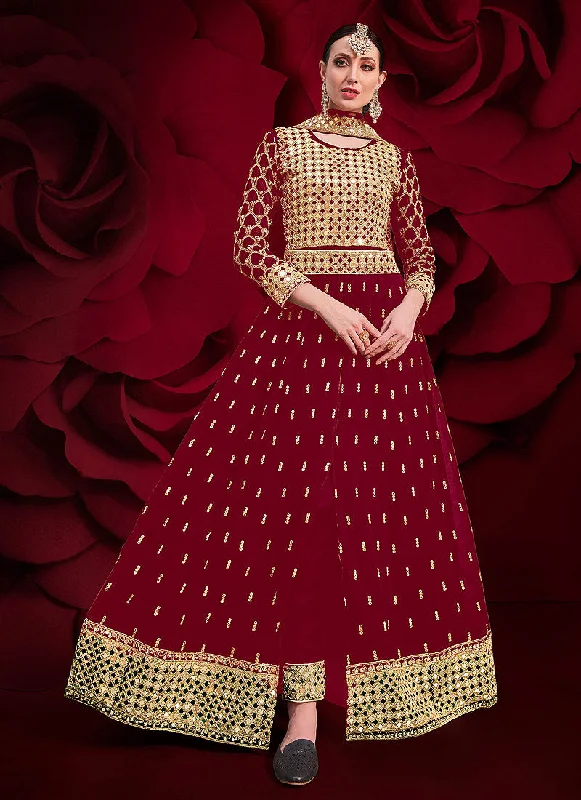 Red Golden Mirror Work Slit Style Anarkali Pant Suit Relaxed Casual Leggings
