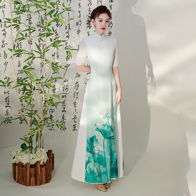 Half Sleeves Cheongsam Top Vietnamese Ao Dai Dress Floral Dress includes Loose Pants Relaxed Lounge Trousers