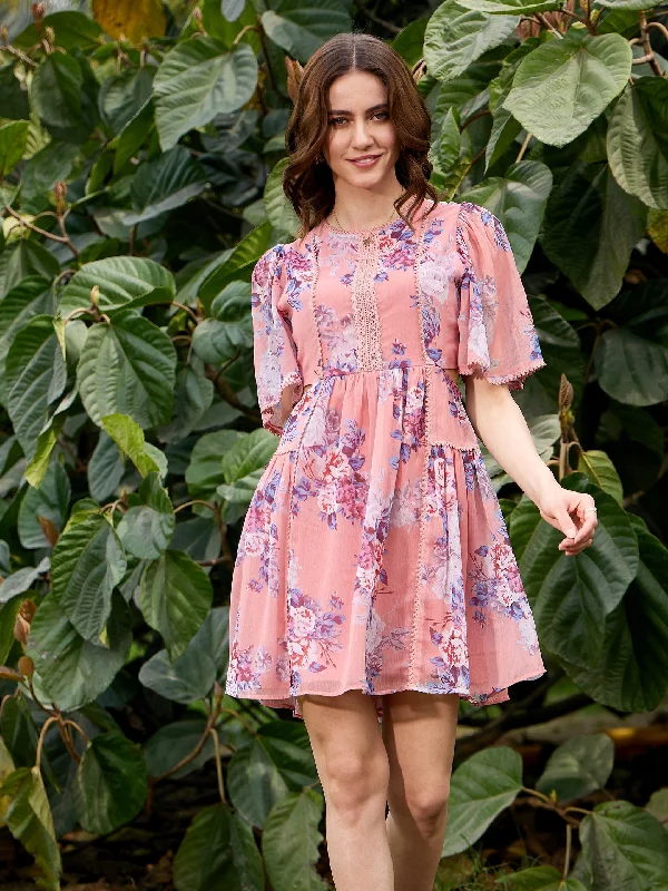 Women's Peach Floral Waist Cut Out Skater Dress - SASSAFRAS Tunics Wedding white