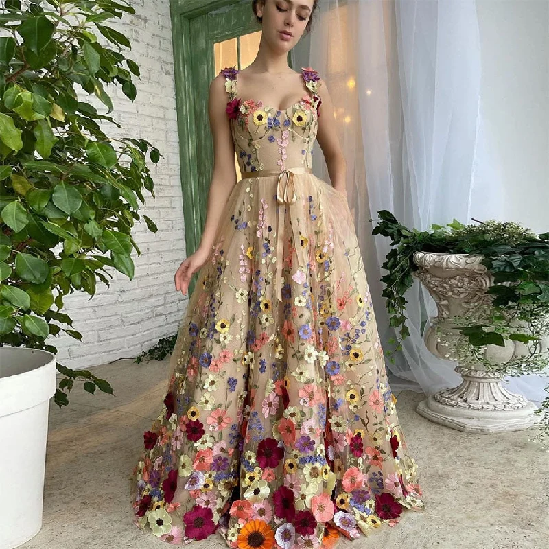 Exquisite 3D Flowers Prom Dresses Sweetheart Floral Straps A-Line Evening Gowns Formal Party Dress With Pockets Tunics Chic fashionable Exquisite 3D Flowers Prom Dresses Sweetheart Floral Straps A-Line Evening Gowns Formal Party Dress With Pockets Tunics Chic fashionable