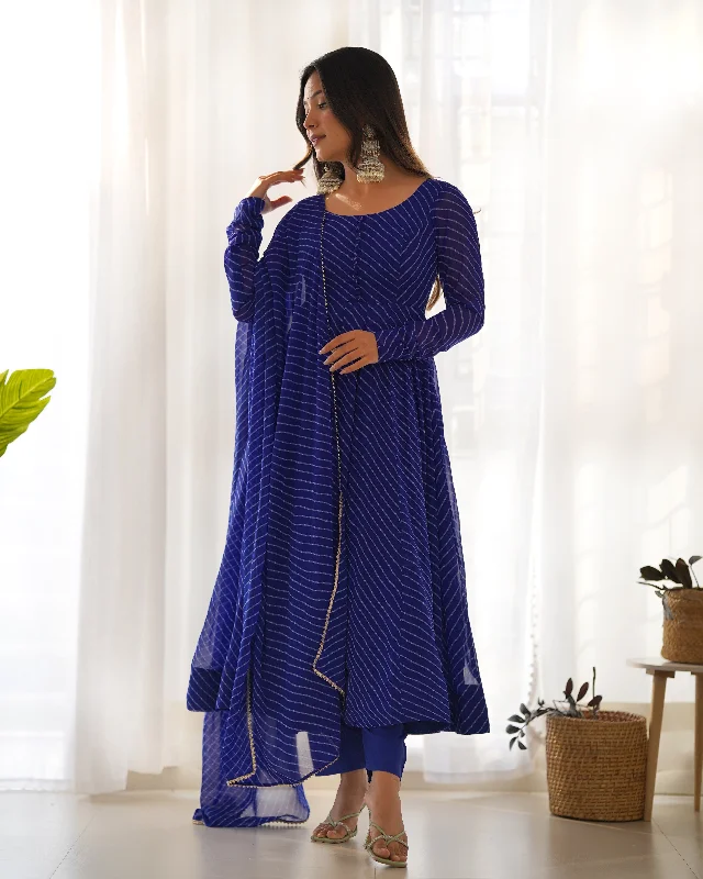 Lorenvalley Fashion Women Pure Soft Faux Georgette Laheriya Print Fully Flair Anarkali Kurta Pant With Dupatta Set - Blue Chic Black Leggings