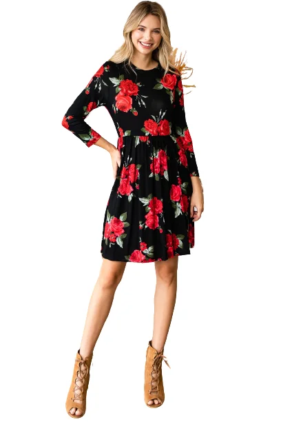 Black Floral 3/4 Sleeve Crew Neck Elastic Waist Dress - Pack of 6 Tunics Velvet soft Black Floral 3/4 Sleeve Crew Neck Elastic Waist Dress - Pack of 6 Tunics Velvet soft