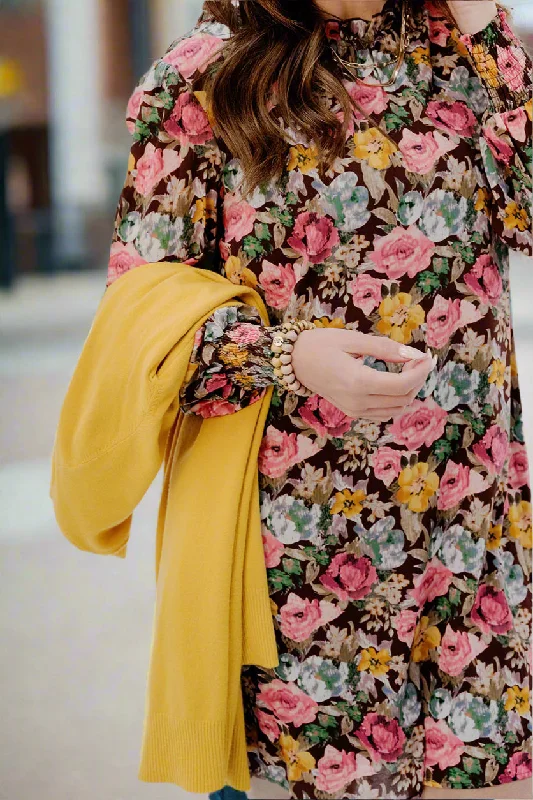 Antique Floral Cinched Trim Dress Tunics Versatile functional