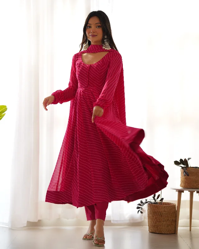Lorenvalley Fashion Women Pure Soft Faux Georgette Laheriya Print Fully Flair Anarkali Kurta Pant With Dupatta Set - Magenta Comfortable Jogger Trousers