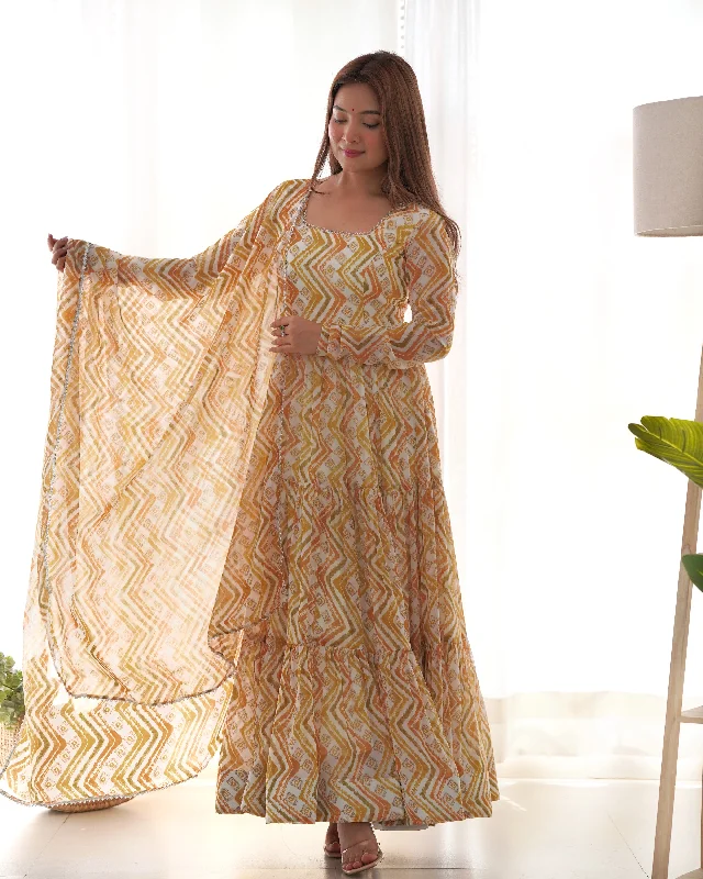Lorenvalley Fashion Yellow Pure Faux Georgette Zigzag Print Fully Flair Anarkali Pant With Dupatta - Yellow Comfortable Denim Trousers