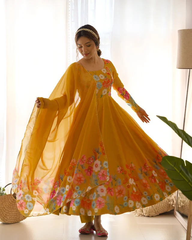 Lorenvalley Parrot Soft Organza Silk With Floral Print Fully Flared Anarkali Pant With Dupatta Set - Mustard Stylish Casual Pants Lorenvalley Parrot Soft Organza Silk With Floral Print Fully Flared Anarkali Pant With Dupatta Set - Mustard Stylish Casual Pants