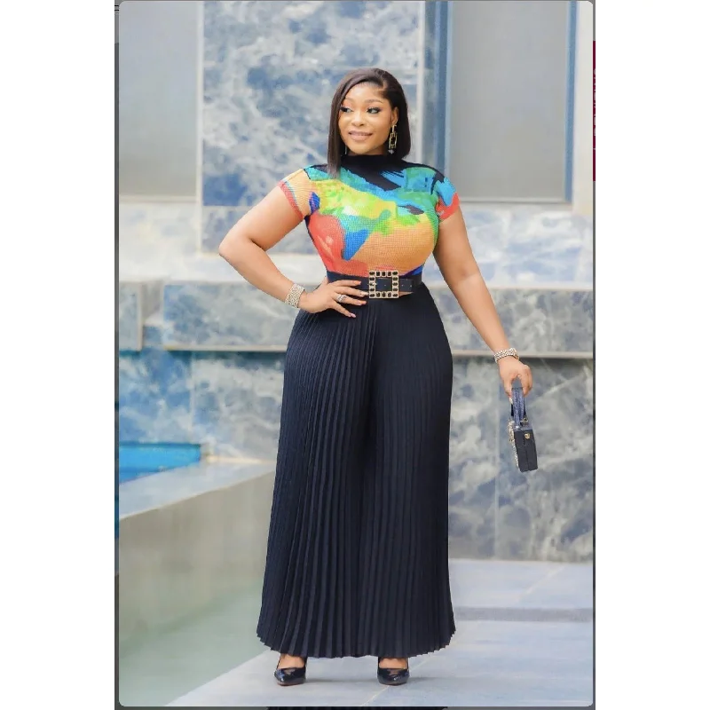 Floral Mesh Top and Pleated LONG Pant Set. Chic Faux Leather Pants