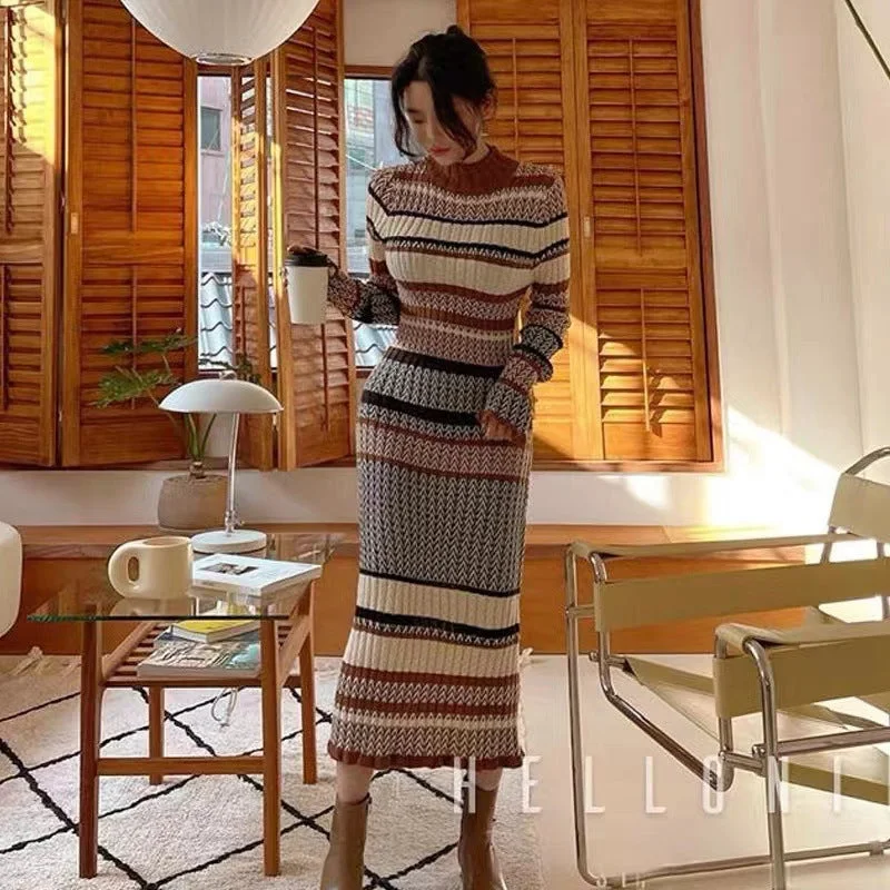Autumn And Winter Retro Mixed Color Stripe Long Dress Tunics Mesh breathable