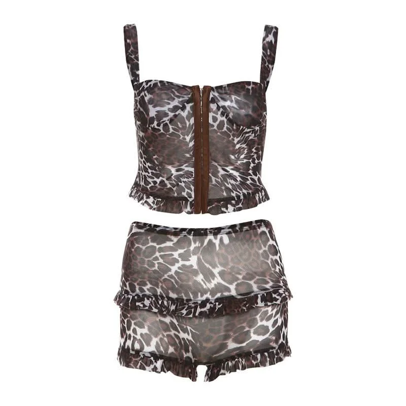 Leopard print mesh button cami short pant set Comfy High-Waist Jeans