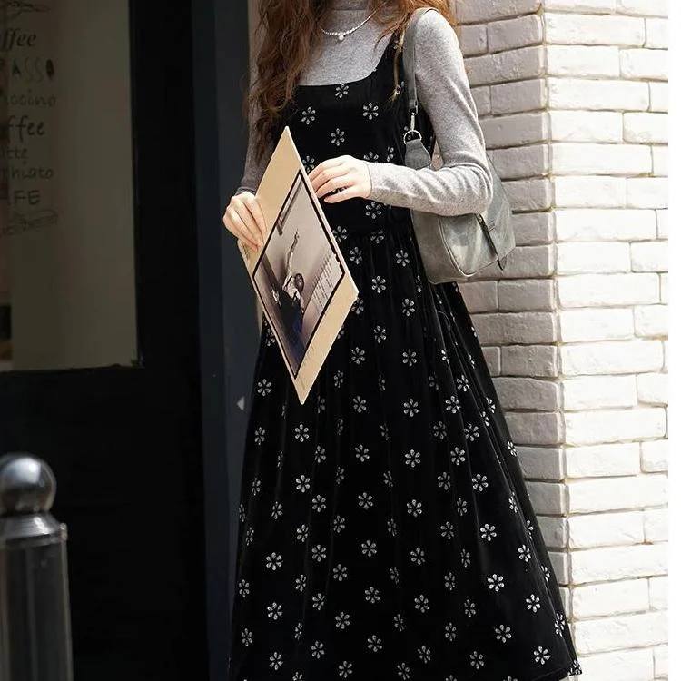 Elegant Velvet Flower Print Camisole Dress for Office Ladies Tunics Trousers formal