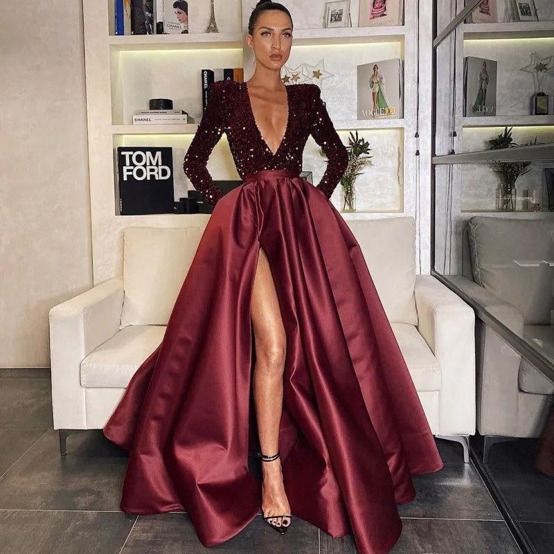 Women Sexy Long Sleeve Sequin V-Neck Split Party Dress Sequined Elegant Party