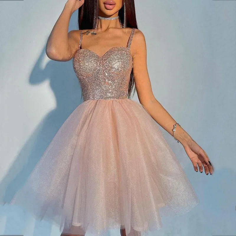 Women Sexy Sequin Mesh Party Dress Satin Halter Glamorous