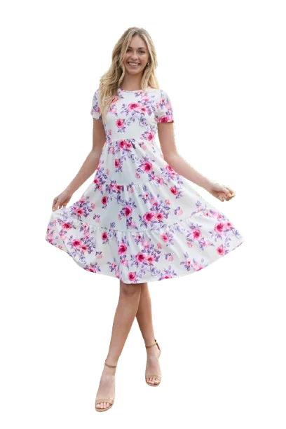 Floral Short Sleeve A Line Tiered Dress Ivory Coral - Pack of 6 Tunics Recommended stylist Floral Short Sleeve A Line Tiered Dress Ivory Coral - Pack of 6 Tunics Recommended stylist