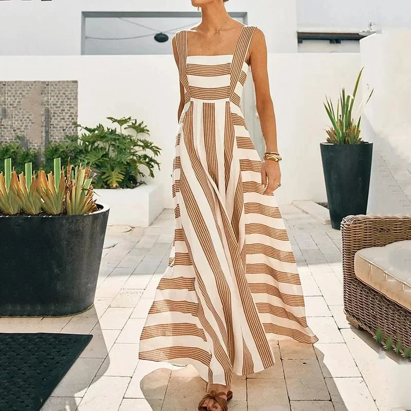 Fashion Striped Printed Simple Comfortable Sling Long Dress Tunics Luxurious high-end