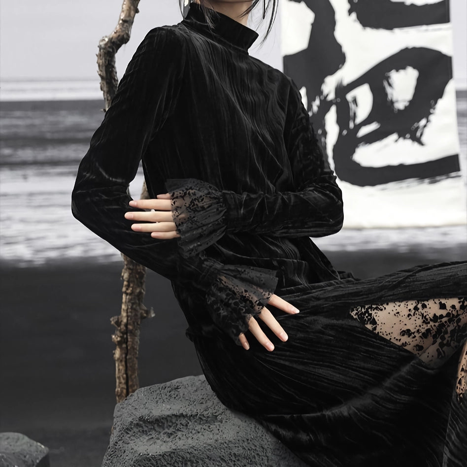 Retro Velvet Mesh Slim Black Dress – Elegant Autumn Fashion Tunics Chic fashionable