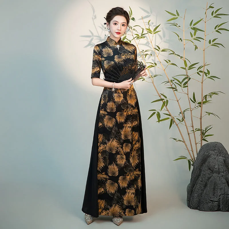 Half Sleeves Cheongsam Top Vietnamese Ao Dai Dress Floral Dress includes Loose Pants Classic Bootcut Trousers