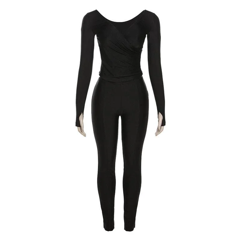 Gloves solid v neck long sleeve ruched pant set Comfy Athletic Pants