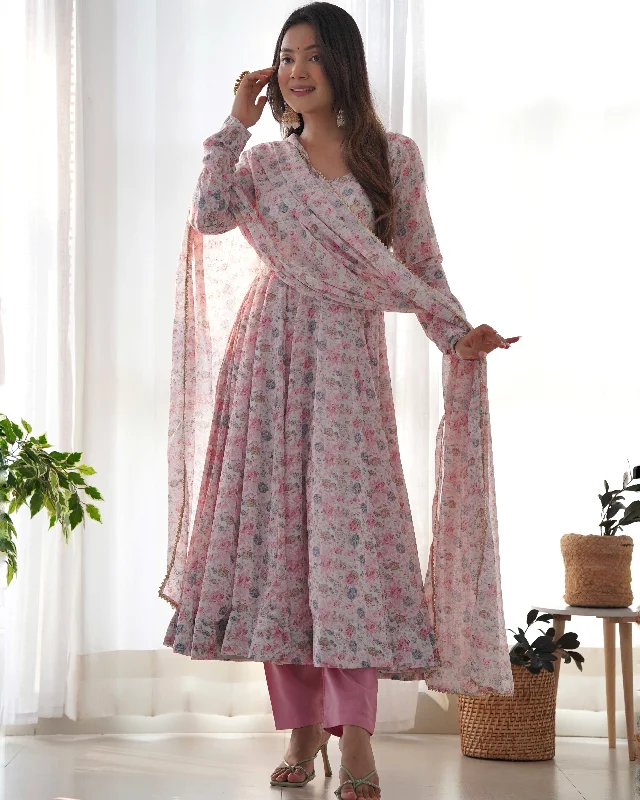 Lorenvalley Fashion Women Pure Orange Chiffon Floral Print Fully Flair Anarkali Kurta Pant With Dupatta Set - Pink Trendy Velvet Pants