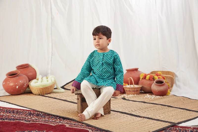 Pre-Order: Turquoise Leheriya Kurta with Pants Soft Stretch Trousers
