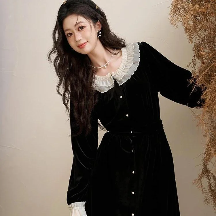 Elegant Women's Velvet Button Down Dress for Autumn/Winter Tunics Party sparkling