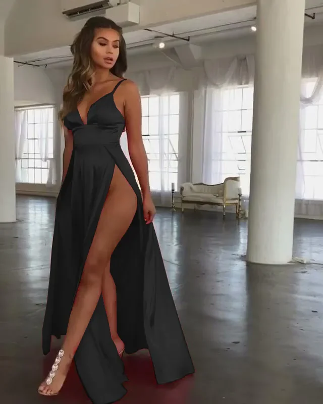 Sexy Women Elegant Solid Color Satin Spaghetti Strap Defined Waist Side-Slit Maxi Party Dress Pleated Skirt Elegant Sexy Women Elegant Solid Color Satin Spaghetti Strap Defined Waist Side-Slit Maxi Party Dress Pleated Skirt Elegant
