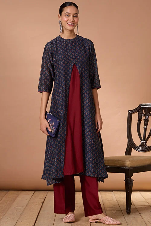Okhai "Azure Prism" Handblock Printed Chanderi Silk Ajrakh Kurta Pant Set Fashionable Sporty Pants Okhai "Azure Prism" Handblock Printed Chanderi Silk Ajrakh Kurta Pant Set Fashionable Sporty Pants