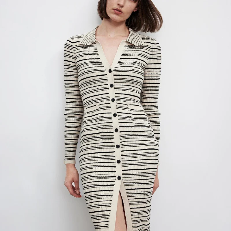 French Style Skinny Dress with Striped Lapel Floral Print girly