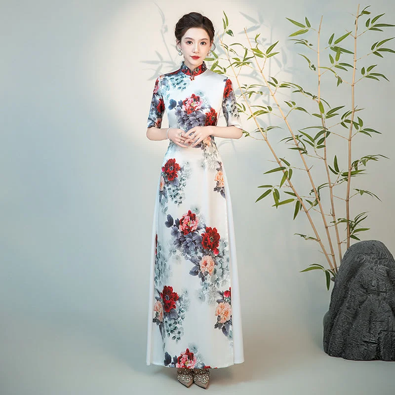 Half Sleeves Cheongsam Top Vietnamese Ao Dai Dress Floral Dress includes Loose Pants Comfy Cargo Trousers