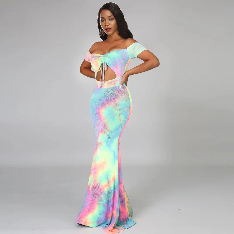 European And American Off-shoulder Navel Tie-dyed Dress Tunics Prom sequined