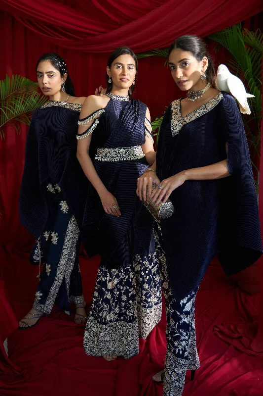 Reyna Gara Glazed Embroidered Pleated V- Neck Cape Coordinated with Straight Pants - Navy Blue Slim-Fit Khaki Pants Reyna Gara Glazed Embroidered Pleated V- Neck Cape Coordinated with Straight Pants - Navy Blue Slim-Fit Khaki Pants