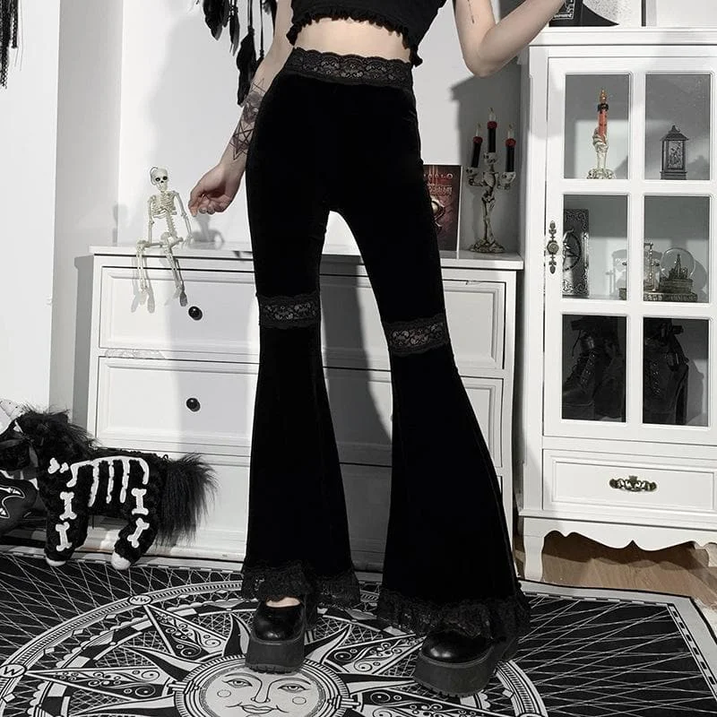 Lace hem velvet solid flared pant Elegant Wool Trousers