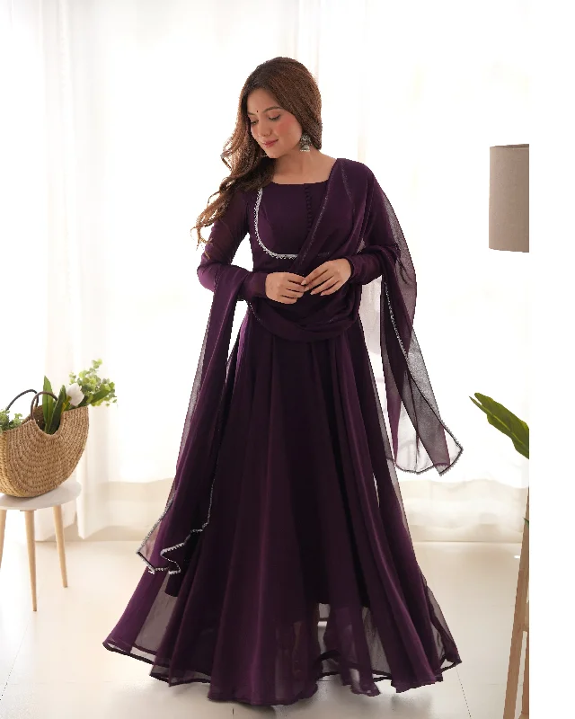 Lorenvalley Fashion Wine Georgette Anarkali Gown Dupatta Set With Pant Ready to Wear - Wine Slim-Fit Leggings