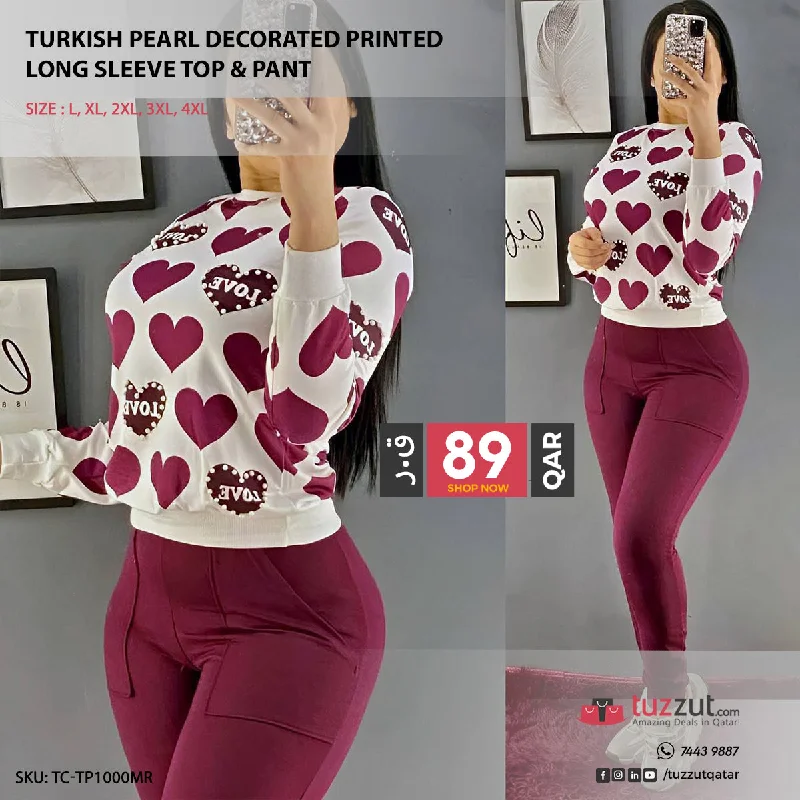 Turkish Pearl Decorated Printed Long Sleeve Top & Pant - Maroon Fashionable Jogger Pants Turkish Pearl Decorated Printed Long Sleeve Top & Pant - Maroon Fashionable Jogger Pants