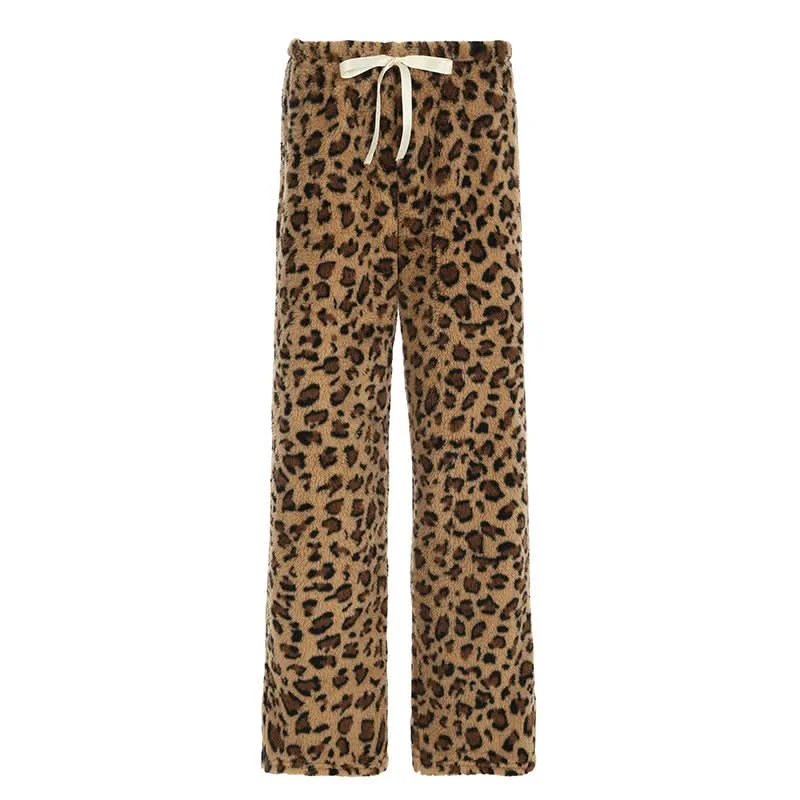 Drawstring leopard print fluffy low rise straight leg pant Comfortable Cargo Pants