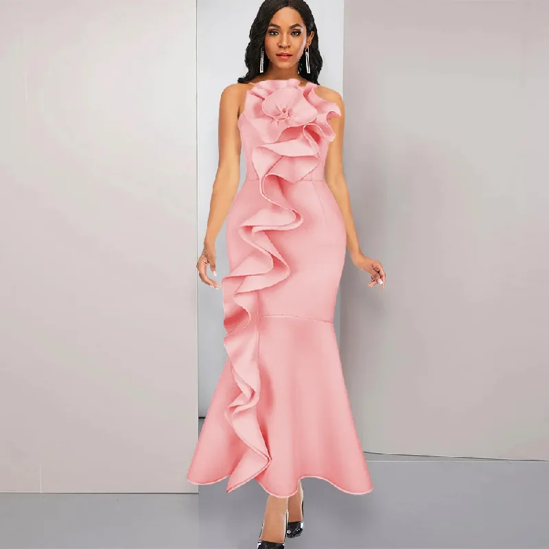 Women Party Dress Fashion Ruffle Flower Decoration Sexy Backless Maxi Dress A-Line Day Work Women Party Dress Fashion Ruffle Flower Decoration Sexy Backless Maxi Dress A-Line Day Work