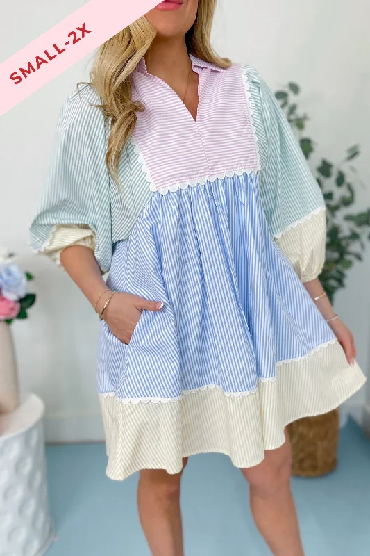 Chrissy Striped Color Block Babydoll Dress Tunics Solid Classic