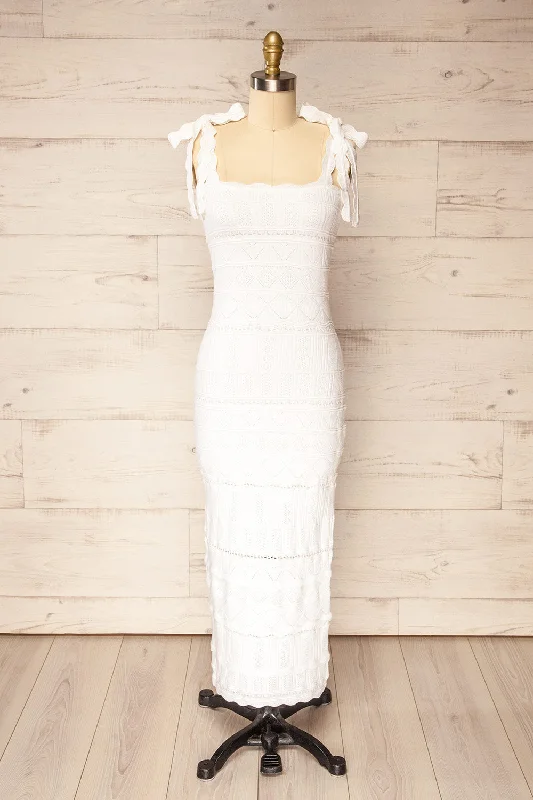 Hebi Ivory | Long Openwork Knit Dress Cowl Neckline Elegant