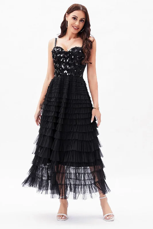 Black A-Line Tulle Tiered Corset Party Dress Tunics Prom sequined