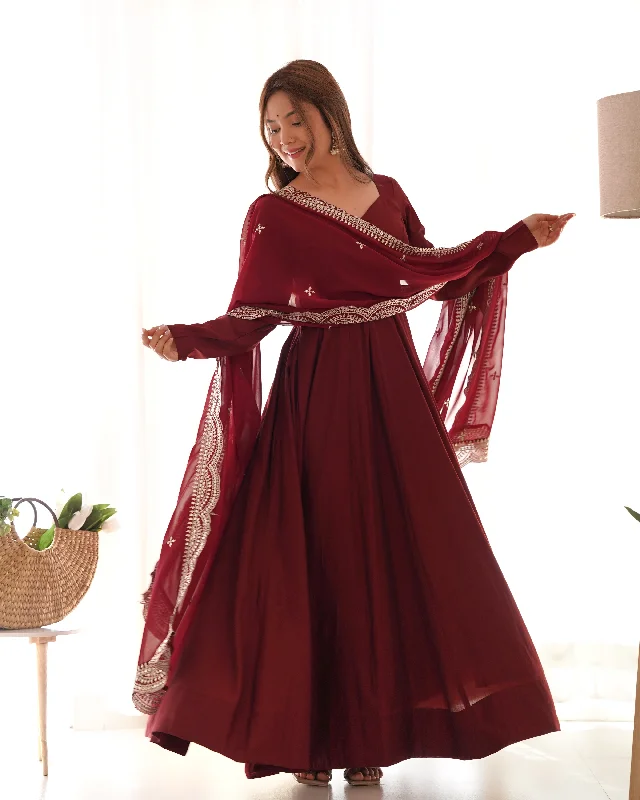 Lorenvalley Fashion Maroon Pure Roman Silk Chanderi Fabric Fully Flared Anarkali Pant With Dupatta Set - Maroon Slim Fit Casual Pants