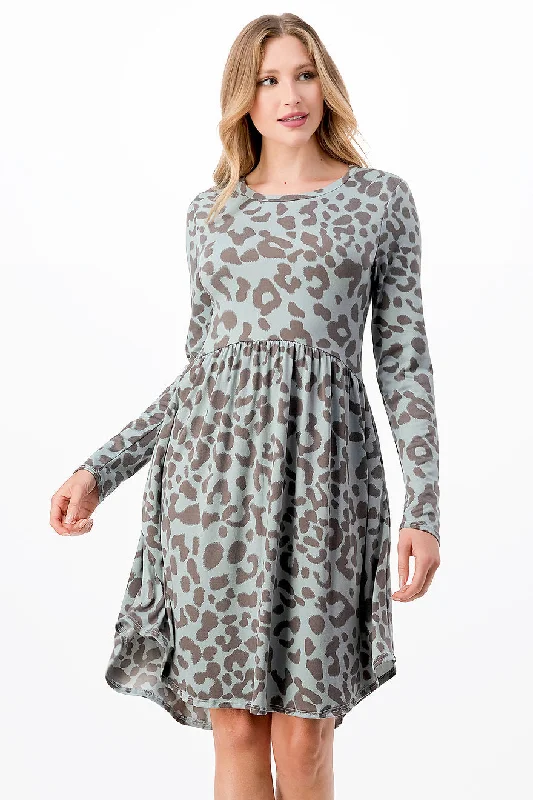 Blue Leopard Empire Waist Tunic Dress Elegant Long Evening